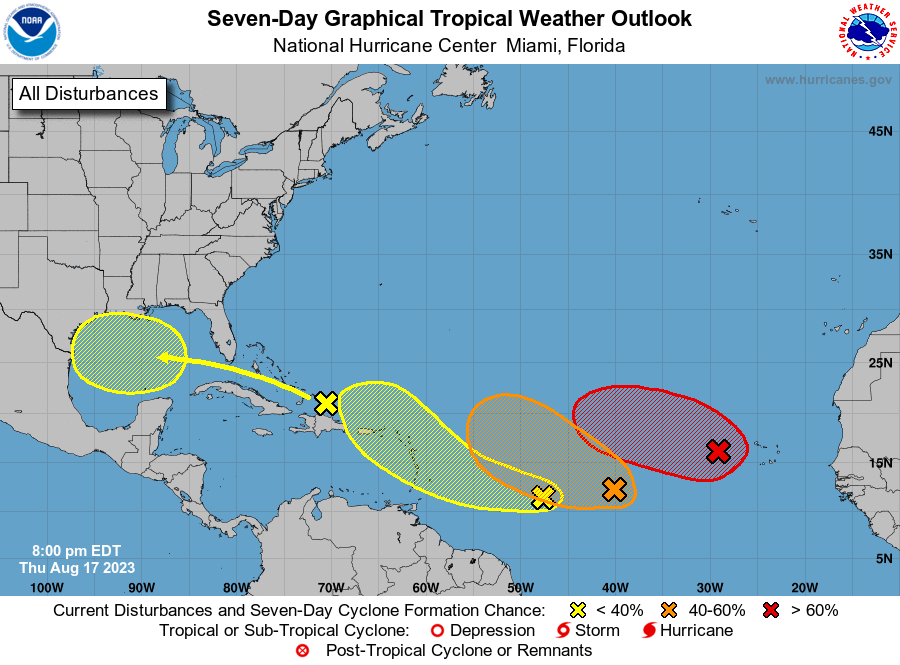 8pm EDT Thursday 17 Aug -- It is a busy outlook map tonight in the Atlantic. In addition to #98L &amp; #99L with a high 🔴 &amp; medium 🟠 chance of genesis respectively, 2⃣more areas further west have a low 🟡 chance of genesis in next 7 days.

Latest Outlook-->nhc.noaa.gov/gtwo.php?basin…