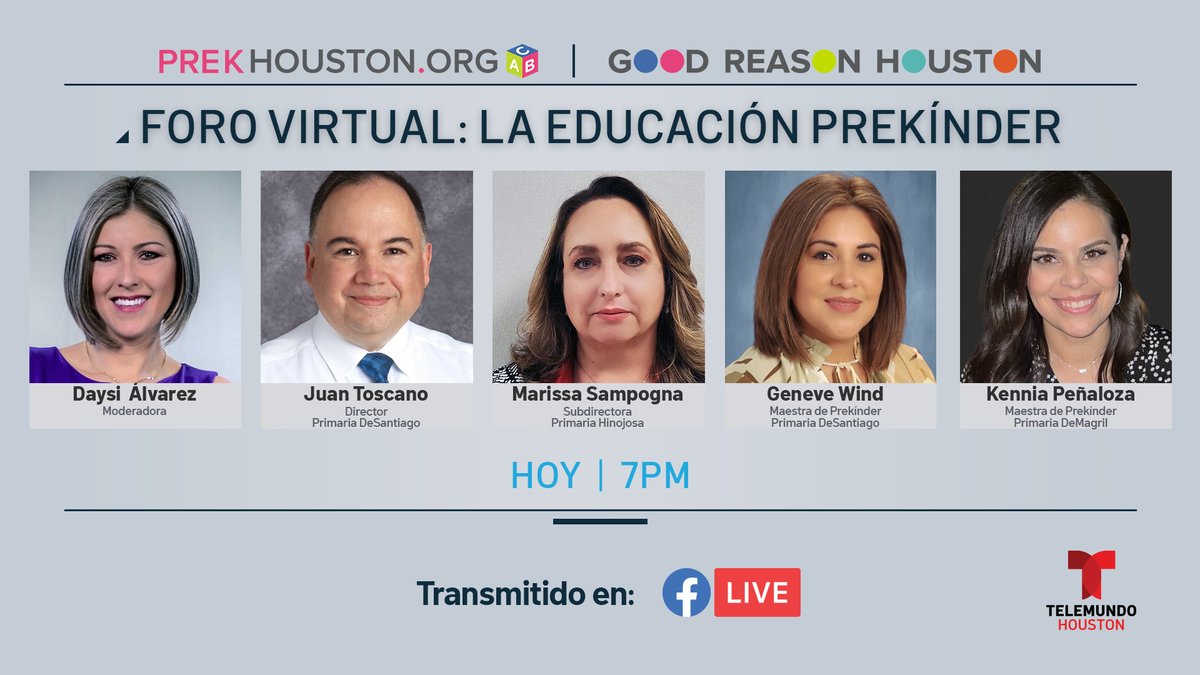 TelemundoHou's tweet photo. HOY 7p, @deysi_alvarez12 de #TelemundoHouston conversará con un panel sobre educación y #PreKHouston
Panelistas:
• Juan Toscano @deSantiago_AISD
• Marissa Sampogna @Hinojosa_AISD
• Geneve Wind Primaria DeSantiago
• Kennia Peñaloza Primaria DeMagril
@GoodReasonHou https://t.co/2Doek37son