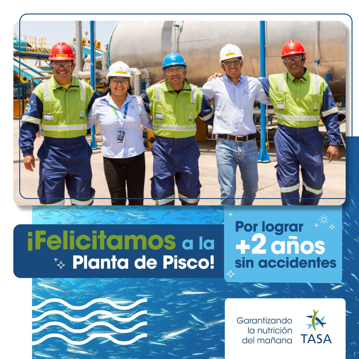 Extendemos las felicitaciones a nuestra planta por el excelente trabajo, ya que en las últimas semanas se celebraron +2 años sin accidentes.  🐟💙
Para TASA, lo más importante es garantizar la seguridad y calidad de vida de nuestra gente. 
¡Sigamos sacando lo mejor de nosotros!