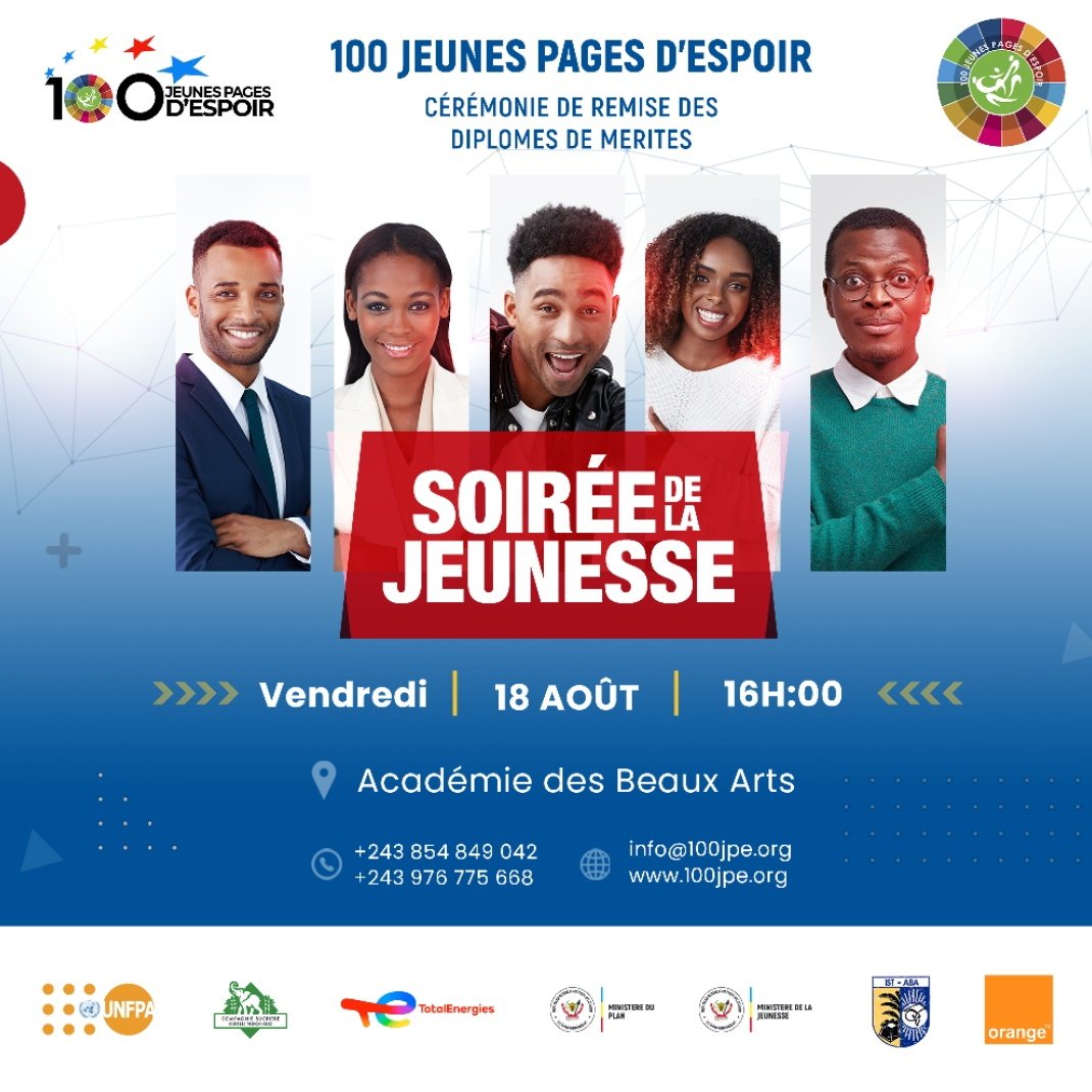 C'est déjà pour ce soir, Académie des Beaux-Arts reçoit la 4e édition #100jpe #Soirée_Dela_Jeunesse . Le devpt de 145 territoires n'est pas que l'apanage du Gouvernement. Et les jeunes s'y impliquent. <a href="/BunkuluYves/">Bunkulu Yves</a> <a href="/kenehou/">Keneth EHOUZOU</a> <a href="/SuminwaJudith/">Judith SUMINWA TULUKA</a> <a href="/UNFPARDC/">UNFPA-RDC</a> <a href="/dienekeita/">Diene Keita</a>