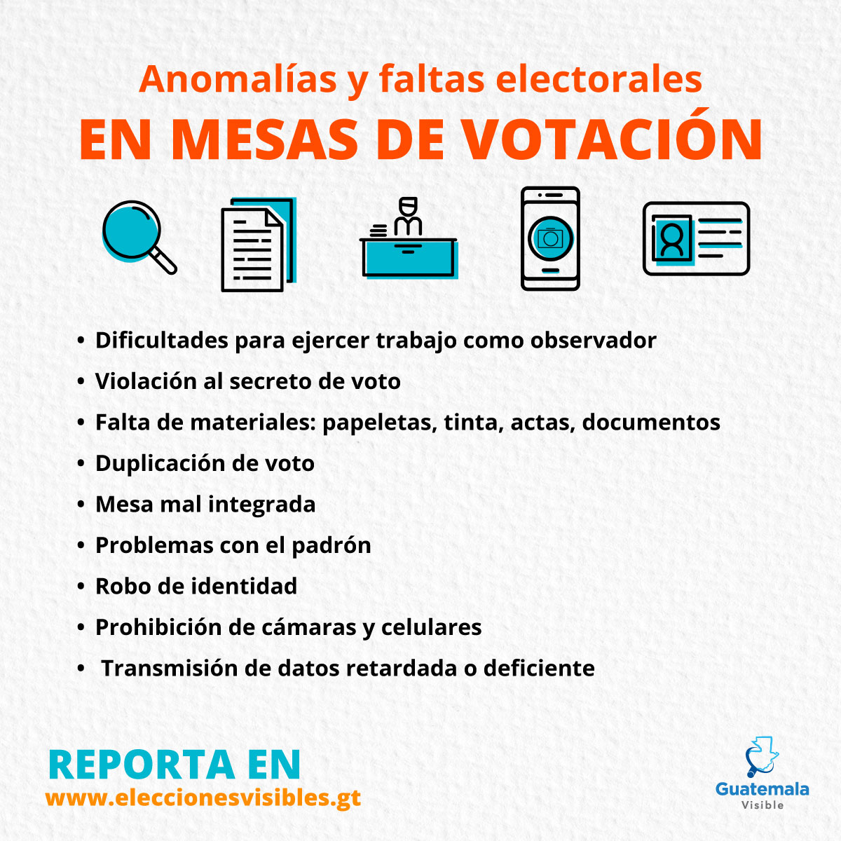 guatevisible's tweet photo. Si miras cualquiera de estas anomalías el día de las elecciones, repórtalas en https://t.co/JKyW70WWR4

Comparte esta publicación para que llegue a todos los guatemaltecos y juntos velemos por unas elecciones transparentes y democráticas.

#EleccionesGT2023 #EleccionesVisibles