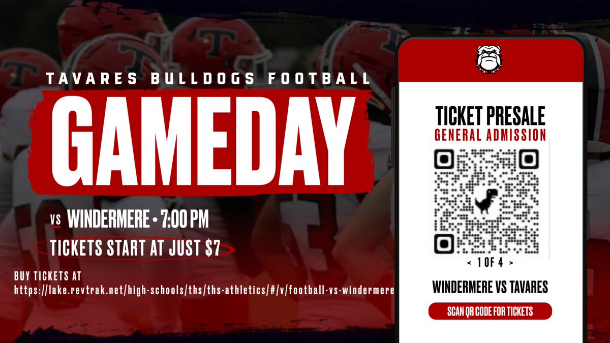 ⏰Less than 24 hours away…⏰
Tomorrow the @FootballTavares Bulldogs look to #SetTheStandard for the ‘23 season against Windermere! Get your tickets with the QR Code or the link below🏈 #TavaresFootball #BulldogsFootball #GoodBetterBest #ExpectVictory