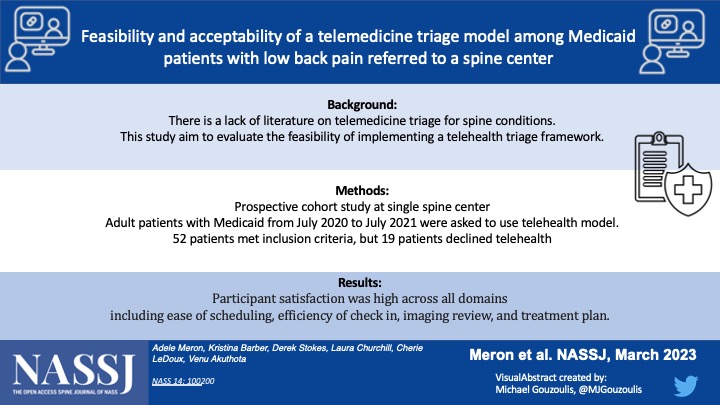 NASSJ (@nassjournal) on Twitter photo Participant satisfaction with telehealth triage care was high across all domains including ease of scheduling, efficiency of check in, imaging review, and treatment plan. <a href="/AdeleMeron/">Adele Meron, MD</a> <a href="/VenuAkuthotaMD/">Venu Akuthota</a> <a href="/LChurchillPTPhD/">Laura Churchill, PT, PhD</a> <a href="/DerekStokesMD/">Derek Stokes, MD</a> <a href="/NASSspine/">NASS</a> @ElsOrthopaedics #orthotwitter Participant satisfaction with telehealth triage care was high across all domains including ease of scheduling, efficiency of check in, imaging review, and treatment plan. <a href="/AdeleMeron/">Adele Meron, MD</a> <a href="/VenuAkuthotaMD/">Venu Akuthota</a> <a href="/LChurchillPTPhD/">Laura Churchill, PT, PhD</a> <a href="/DerekStokesMD/">Derek Stokes, MD</a> <a href="/NASSspine/">NASS</a> @ElsOrthopaedics #orthotwitter