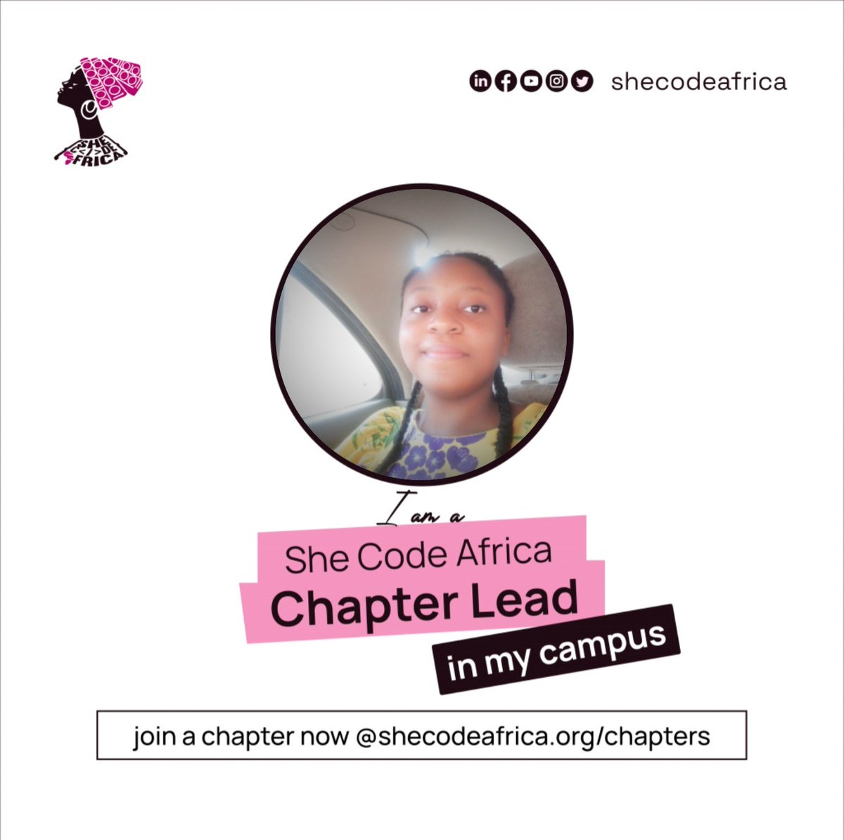 rachaelcodesss's tweet photo. Excited to announce that I've been selected as a Chapter Lead at @SheCodeAfrica! π₯³π
Ready to make a positive impact in the tech community and beyond. Grateful for this opportunity!
Looking forward to this amazing journey! π
#SCAChapterLead https://t.co/vkwxivEnBp
