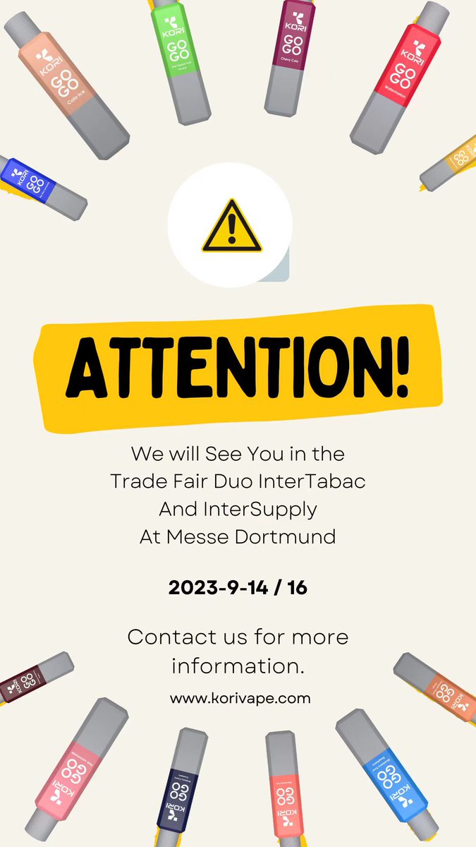 We will see you in the Trade Fair Duo InterTabao and interSupply At Messe Dortmund.
korivape.com/activities/kor…
#korivape
#korivapeGOGO
#vapenews
#vapercrazy
#vapeboy
#600puffs
#2ml
#vapeday
#vapersworldwide
#vapes 
#disposable
#vape4you