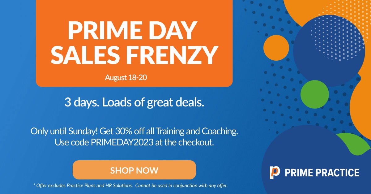 PrimePractice's tweet image. Is it time to elevate your skills and enhance your practice's success?
 
It's Prime Day Sales Frenzy! For the next 3 days only, save 30% on our training and coaching storewide - Simply use code PRIMEDAY2023 at the checkout.
Shop now: bit.ly/3qAuSgY