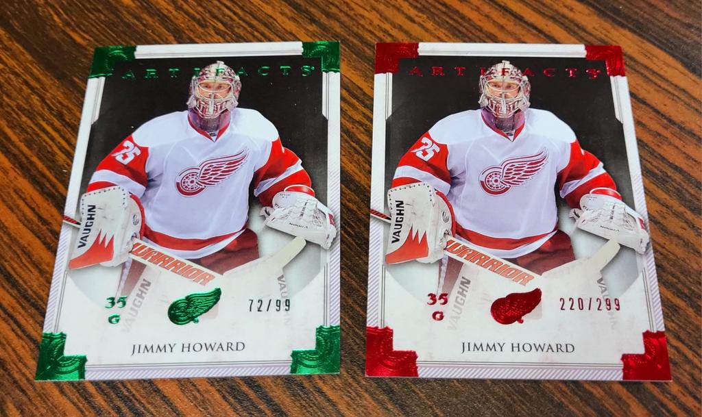 card_boarded's tweet photo. Added some nice red and green Artifacts to my Jimmy Howard collection recently. Gotta love chasing the rainbow! Really like this particular Artifacts design, too. 🟩🟥 #collect #JimmyHoward https://t.co/n67hYwdSEr
