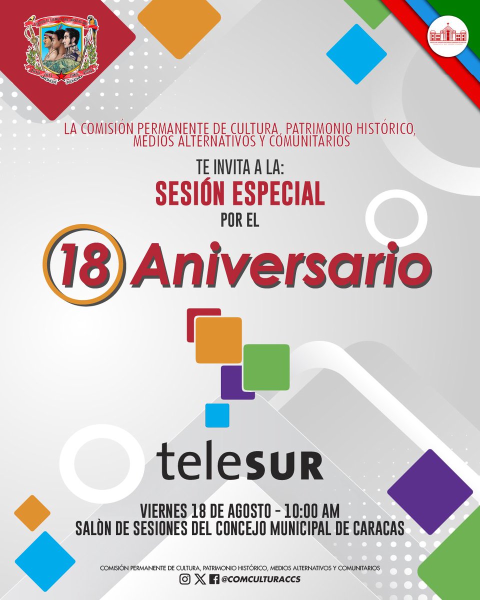 🇻🇪 el Concejo del Municipio Bolivariano Libertador de Caracas te invita a la Sesión especial con motivo al 18 aniversario de Telesur 🇻🇪

*Fecha: 18/08/23
*Hora: 10:00am
*Lugar:  Salón de Sesiones del Concejo Municipal de Caracas 
*Vestimenta: Semi-Formal

#VenezuelaEcologica