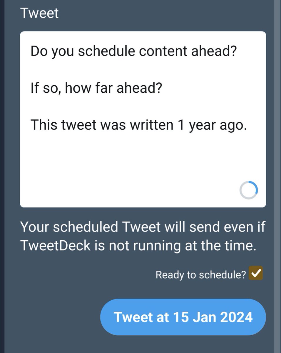 Do you schedule content ahead?

If so, how far ahead?

This tweet was written 1 year ago.

EDIT (18/08/23): RIP TweetDeck