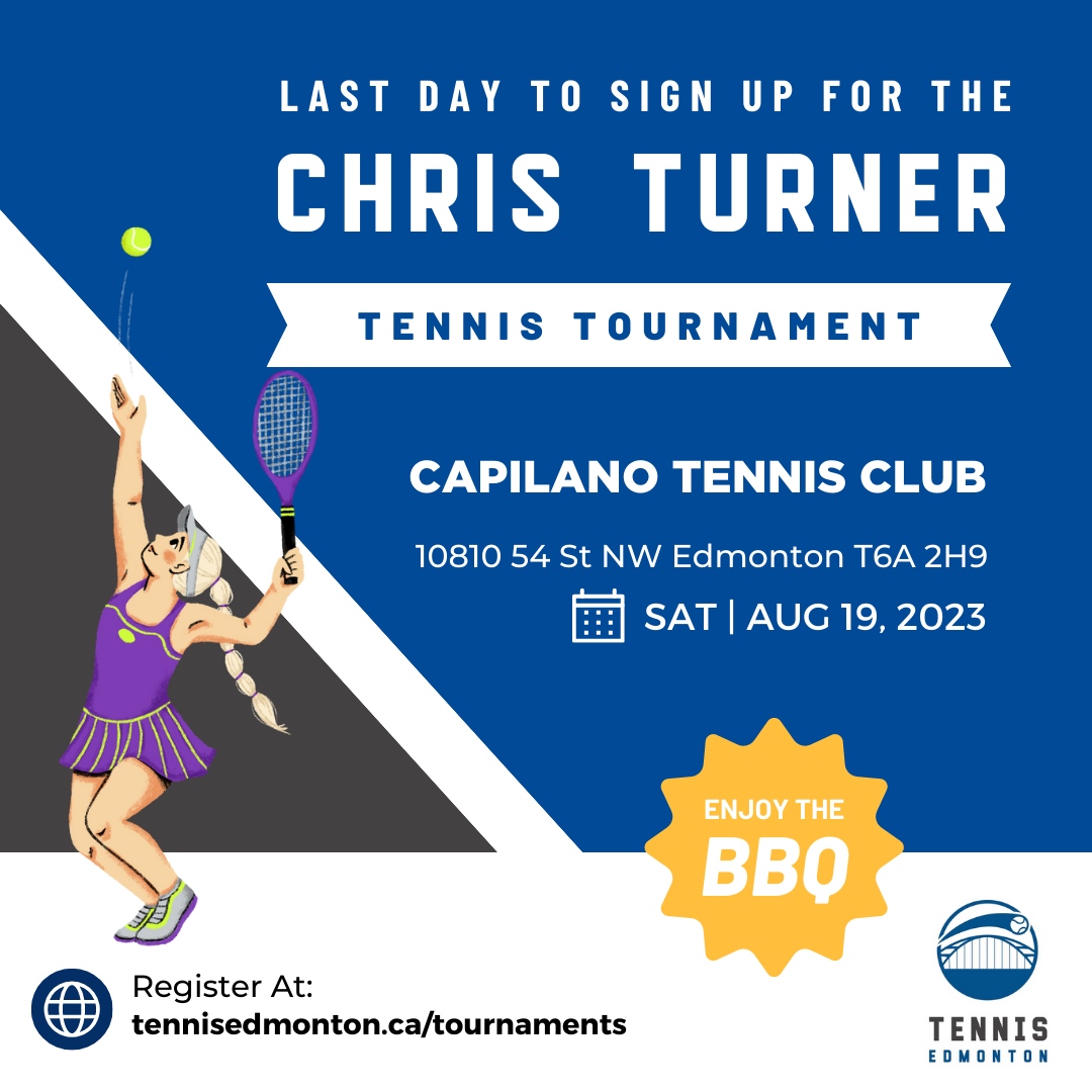 TODAY is the LASY DAY to register for the Chris Turner Doubles Tournament!  Don't miss your last chance to be part of an amazing tennis tournament! 
⁠
Secure your spot now at:⁠
tennisedmonton.ca/tournaments
⁠
#TennisFever #EdmontonTennisShowdown #GameSetAce