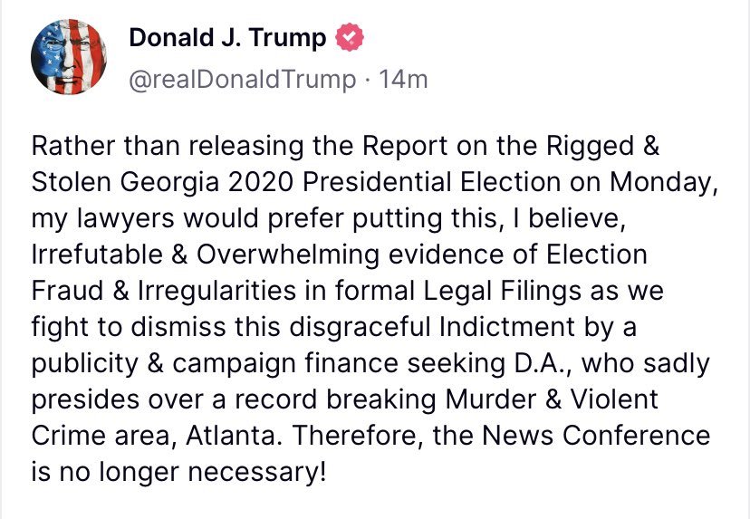RpsAgainstTrump's tweet photo. HAHAHAHAHA 🤣🤣🤣

Trump just canceled his “Major press conference” on Monday. 

ABC News reported this morning that his lawyer warned him that spewing more lies about the election at the press conference can only complicate his legal problems. https://t.co/pPnsSFccdL