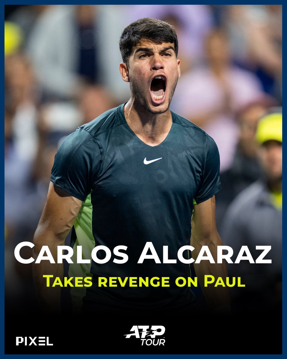 Pixelsports_'s tweet image. Carlos Alcaraz gets his revenge on Tommy Paul!🇪🇸🔥

World No. 1 Alcaraz defeats Paul 7-6 (6), 6-7 (0), 6-3 to advance to the quarterfinals in Cincinnati🎾🙌

Massive win for Carlitos, who lost to Paul last week in Toronto💪

#CincyTennis #Cincinnati #ATPMasters #ATP1000 #Alcaraz