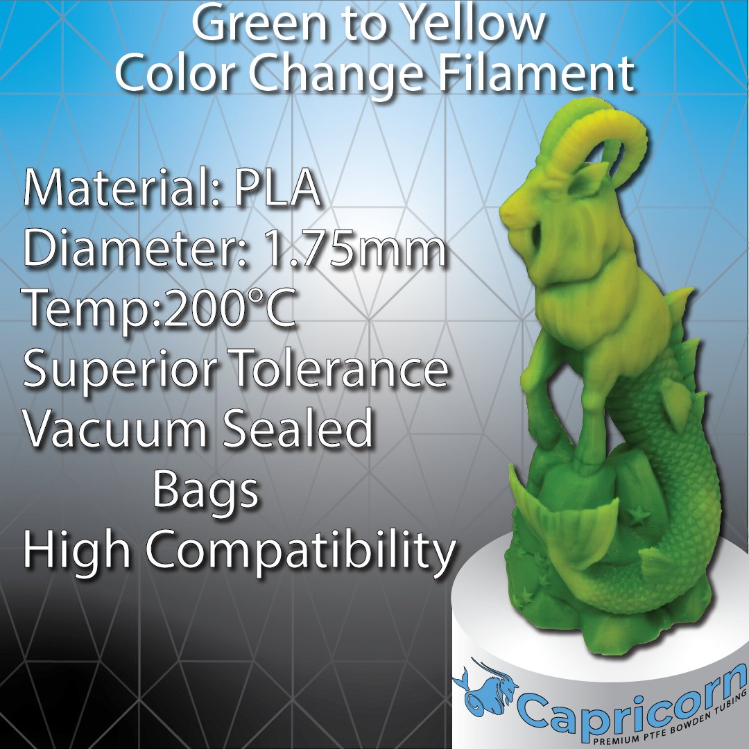 captubes's tweet photo. Our Thermochromic green PLA filament turns from vibrant, lime green at room temperature to bright yellow at around 33 degrees C (90 F). Come check out this awesome filament at https://t.co/vpVIk1ZFVD today! Don't Let it slip away! #captubes #bowdentube #filament #capricor👏👀😍😁 https://t.co/pn3pSEKR8B