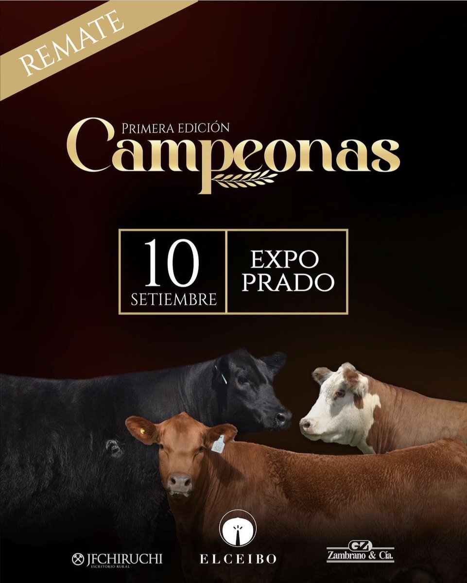 🔜 Campeonas
Remate de selección 
 
La mejor genetica en vientres Angus y Hereford participantes de las pistas de <a href="/ExpoPrado/">Rural del Prado</a> 

Organiza centro genético El Ceibo 

Próximamente catalogo! 
Esten atentos!! 
Consultas 099664079