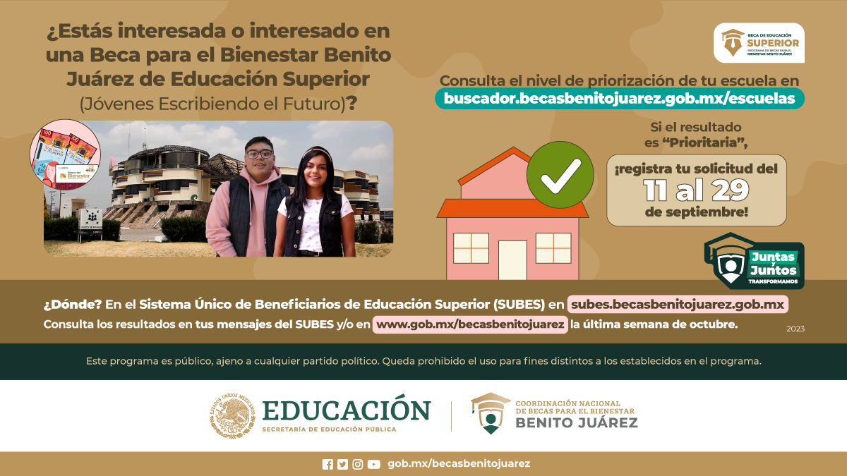 BecasBenito's tweet photo. Si estás interesada o interesado en la Beca de Educación Superior #JEF, ¡registra tu solicitud del 𝟭𝟭 al 𝟮𝟵 de 𝗦𝗘𝗣𝗧𝗜𝗘𝗠𝗕𝗥𝗘!

☝️Recuerda que tu universidad tiene que estar catalogada como 𝗣𝗥𝗜𝗢𝗥𝗜𝗧𝗔𝗥𝗜𝗔 en nuestro #BuscadorDeEscuelas en https://t.co/V9alNVmrBq https://t.co/EUqGOJcPkk