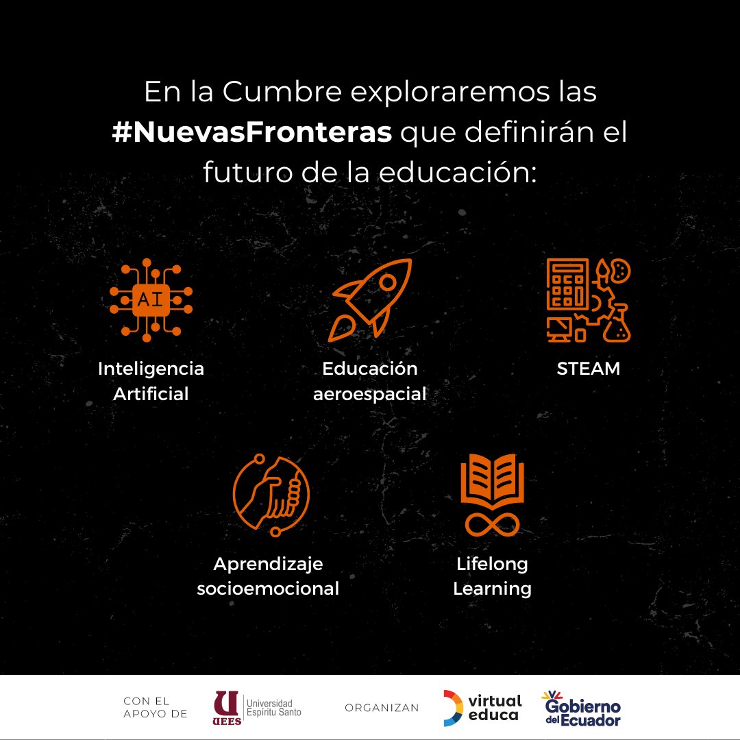 virtualeduca's tweet photo. En la Cumbre Nuevas Fronteras: Educación 360 hablaremos sobre los nuevos retos y oportunidades que tendrá la educación en el futuro.
Regístrate aquí: https://t.co/Cx1e500GUM
@uees_ec @senescyt
#NuestroTrabajoContinúa #VirtualEduca #CumbreEducativa https://t.co/HapBBNXeGl