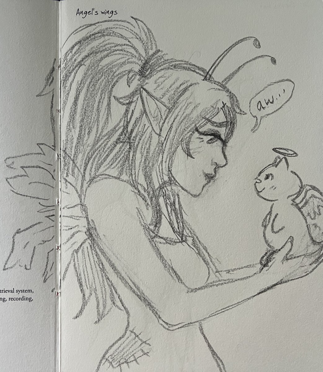 starting #200drawingprompts - 1 prompt a day.
(a sketchbook i picked up that is called '200 drawing prompts' by @PiccadillyInc ).

i am super rusty with pencil art. also i'm aiming to make every drawing in this #neopets-related.

day 1 - angel's wings
grey faerie with angelpuss