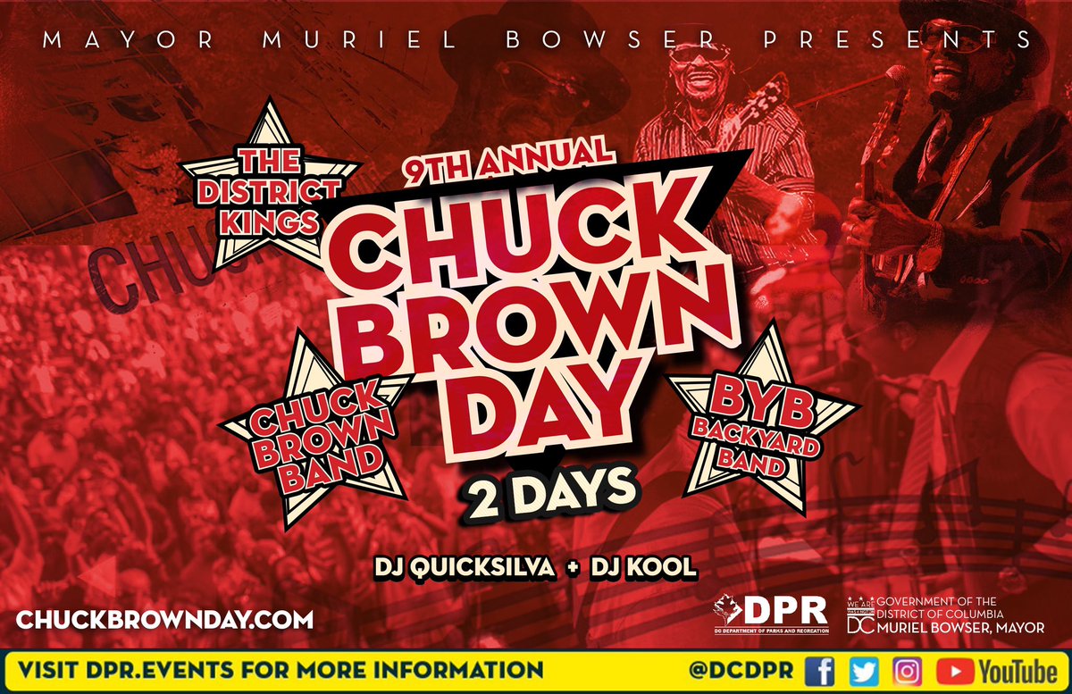 DCDPR's tweet photo. Thursday means ✌️days left before we do it for Chuck as only the way DC can! 
#ChuckBrownDay
FORT DUPONT PARK
BYB x Chuck Brown Band x the District Kings and plenty of surprises. 
Saturday (8/19) 2PM-7PM
https://t.co/mrnwgUH9IG https://t.co/lAB4n2cNyG
