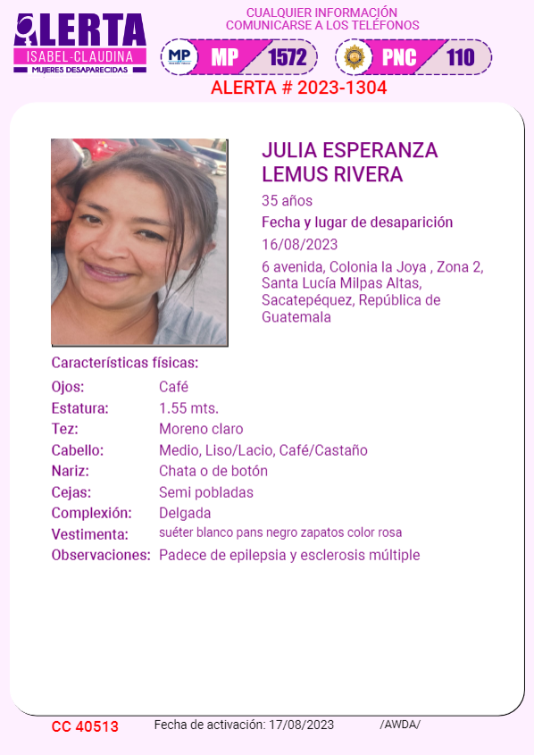 #AlertaIsabelClaudina
📷 Ayúdenos a encontrar
JULIA ESPERANZA LEMUS RIVERA
Desapareció el 16 de Agosto de 2023
Cualquier información comunicarse al teléfono 📷 1572
Gracias por difundir esta información📷
