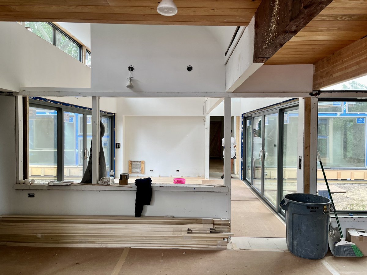 TBDArchitects's tweet photo. Update from our Midcentury for the Next Century project: new air barrier (@TheHenryCompany), wood fiberboard insulation (Steico), and @AlpenHPP triple-glazed windows..This will be a new, sleeker, smarter, sophisticated (and dry) animal with the same skeleton! https://t.co/L6GeTm8khf