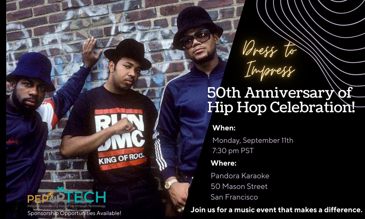 📢 Back at it for year 5! Join @PepUPTech in celebration of the 50th Anniversary of Hip-Hop Karaoke edition 🎤 Pick your favorite jam and grab your ticket today: bit.ly/50thEventPepUp… September 11th, 7:30pm @Dreamforce 23 @salesforce #DF23