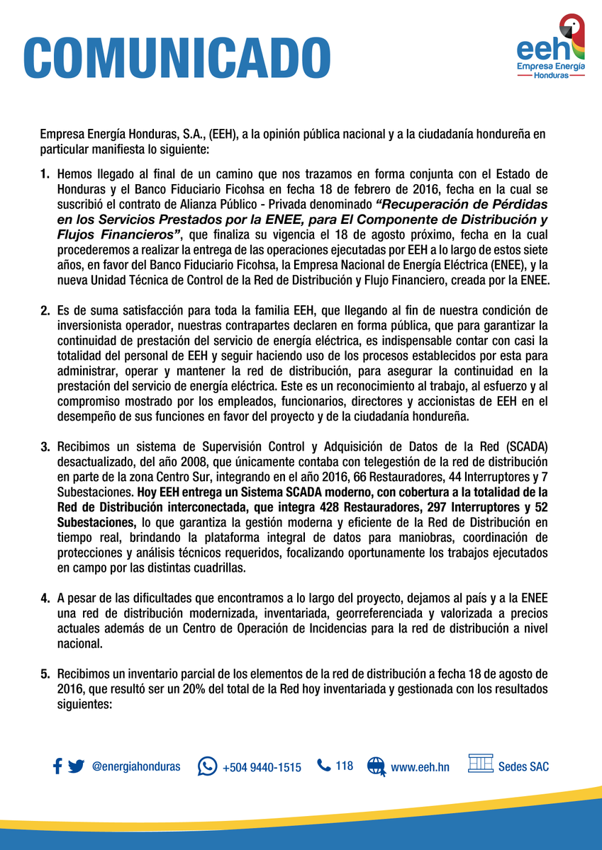 EnergiaHonduras's tweet photo. #EEHTeInforma Estamos llegado al final de un camino que nos trazamos en forma conjunta con el Estado de Honduras, compartimos a la opinión pública nacional y a la ciudadanía hondureña en particular el siguiente comunicado: https://t.co/yci5s8WrzV