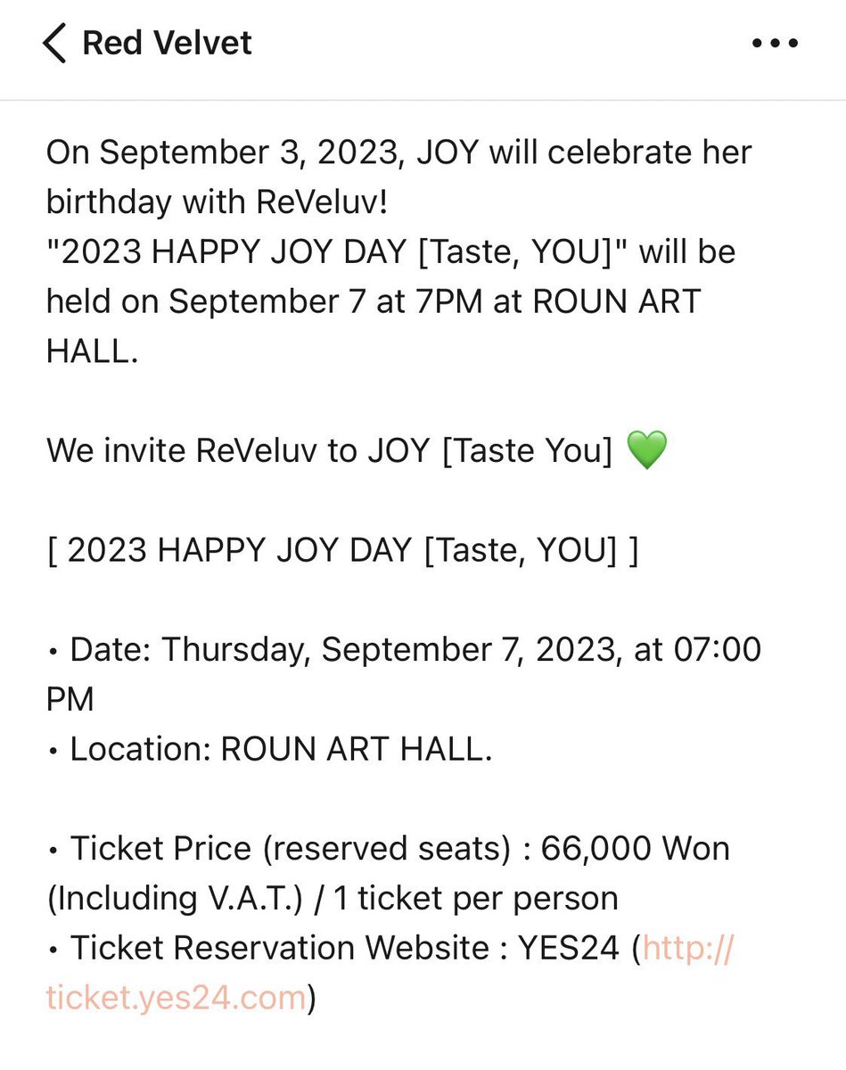 JOY‘S Birthday Party Announcement is here! 
It will be on September 7th at 7PM KST in Roun Art Hall 💚🎂

TASTE, YOU 👀