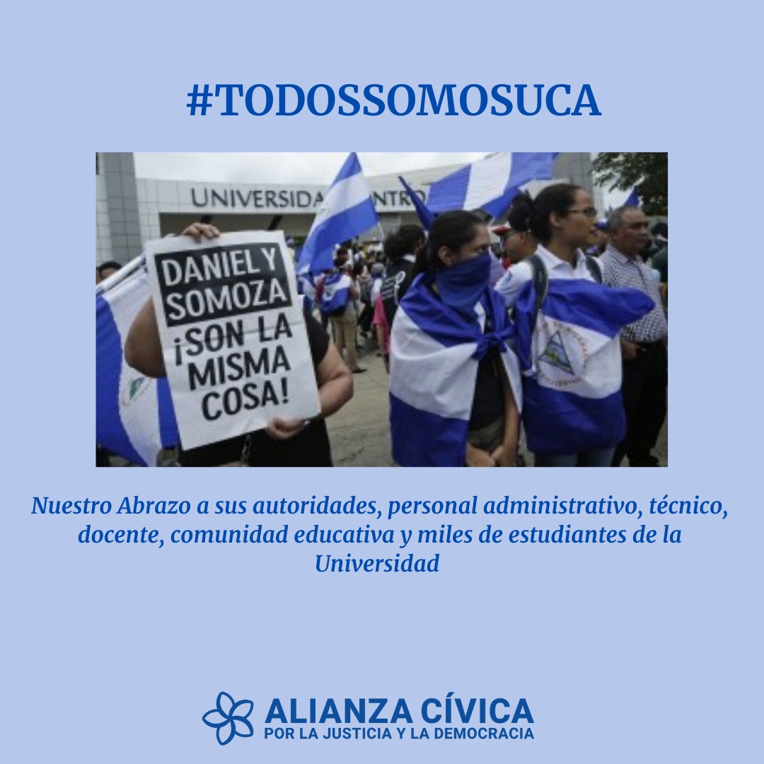 AlianzaCivicaNi's tweet photo. Extendemos nuestro abrazo a los miles de jóvenes y estudiantes de la #UCA, que desde 2018 fueron estandarte en la lucha por una #Nicaragua  libre de opresión. Miles de jóvenes de otras universidades, barrios y comunidades desempeñaron un papel ejemplar, heroico. #TodosSomosUCA https://t.co/hwLhvrw65B