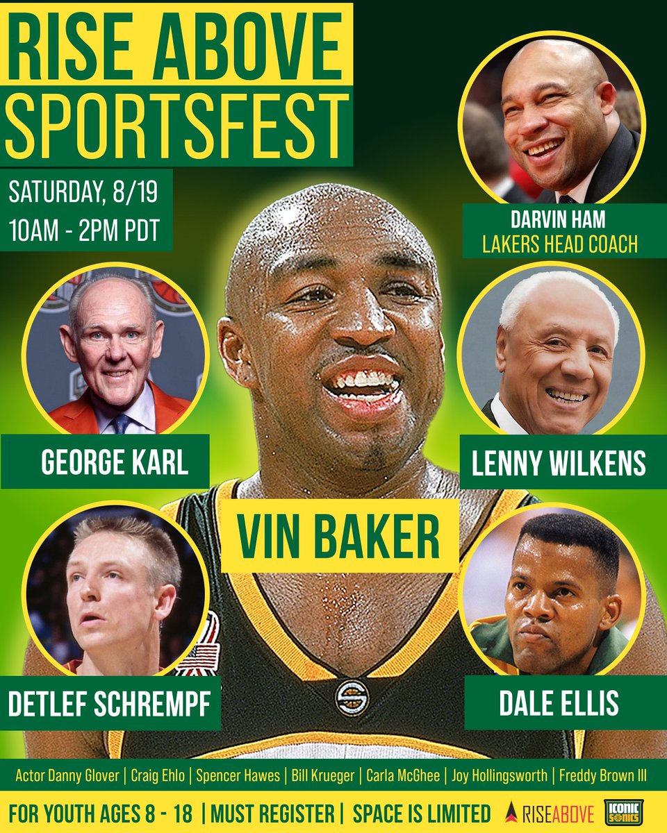 THIS SATURDAY WILL BE SUPER 

Join <a href="/Rise_Above_Inc/">RiseAbove</a>'s in Seattle as they host a youth sports &amp; wellness clinic! 

🔸Keynote Speaker Vin Baker
🔸LA Lakers Head Coach Darvin Ham
🔸HOFers <a href="/CoachKarl22/">George Karl</a> + Lenny Wilkens
🔸Detlef Schrempf &amp; Many More! 

REGISTER: bit.ly/47FMokr