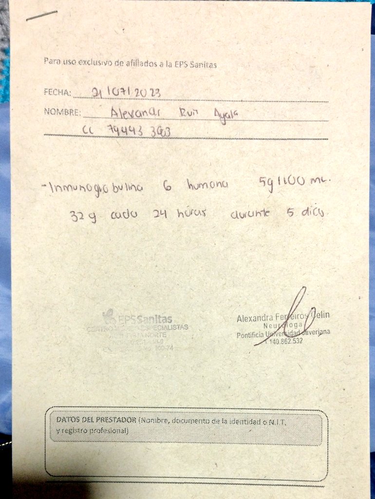 politapalida's tweet photo. @Supersalud URGENTE se solicita hospital para internar a paciente con polineuropatía desmielinizante y colocar inmunoglobulina por 5 días. La espera deteriora su salud. https://t.co/vl5MroD5iY