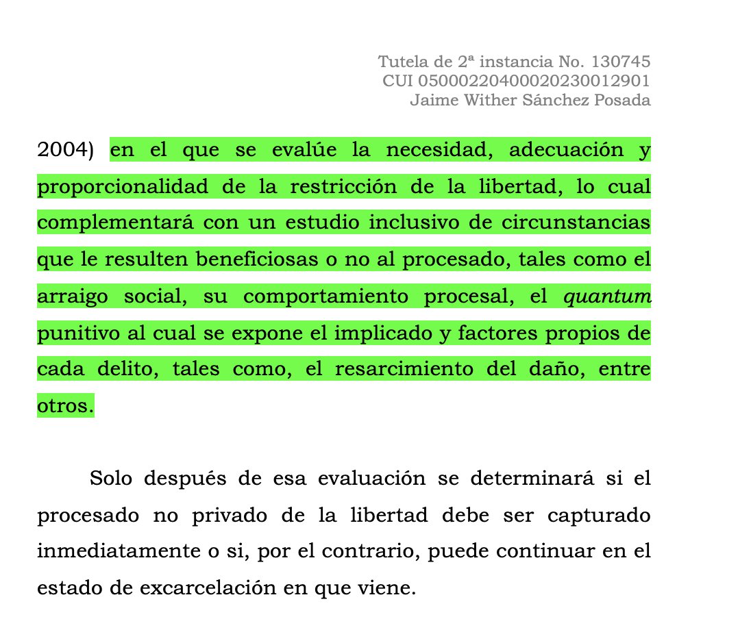 alfesac's tweet photo. Tutela BOMBA, para disponer captura con sentido de fallo condenatorio se necesita no solo negar los subrogados penales; hay que hacer test de proporcionalidad, reforzado por el principio pro libertate y la presunción de inocencia y otros factores como comportamiento procesal: https://t.co/4TRi4ZpvOO