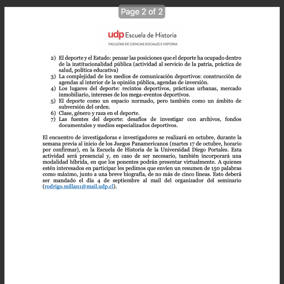 cccastrog's tweet photo. Compartimos el segundo llamado del seminario "Pensar el deporte históricamente: enfoques, métodos y perspectivas de desarrollo" organizado por el profesor @rlmillanv como parte de su proyecto postdoctoral ANID e Historia @udp_cl @Santiago2023.

#santiago2023 #Panamericanos2023 https://t.co/Tp6SlZJtyR