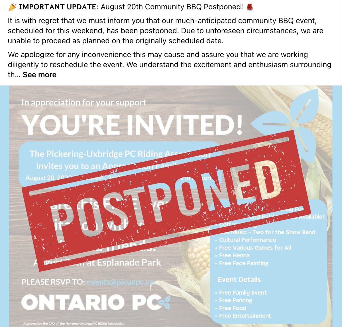 NoSprawlDurham's tweet photo. Hmmmm 🧐 Looks like @PBethlenfalvy, Ontario's Minister of Finance and MPP for #Pickering #Uxbridge wasn't interested in being roasted at his own community barbeque?!?
#GreenbeltGate #SaveDRAP #OnPoli #MunPoli #DurhamRegion #GreenbeltScandal #Greenbelt
https://t.co/jQHMk6GMn1 https://t.co/Dq9jFUgiAe