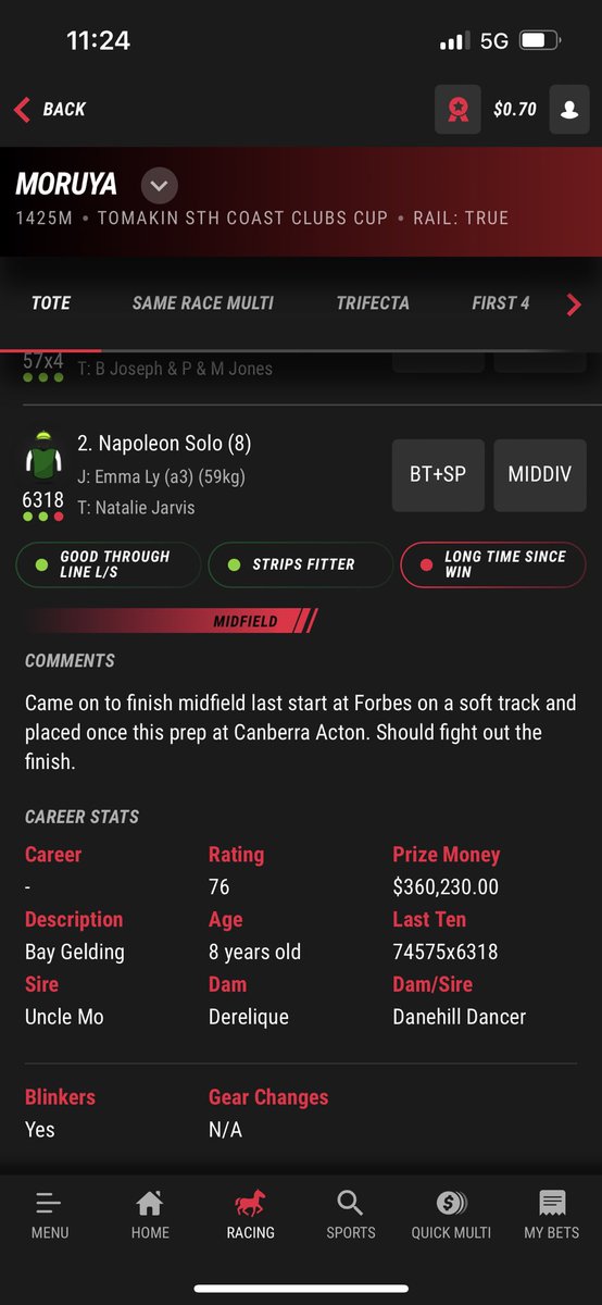 AdrianRedman1's tweet photo. @PointsBet_AU it’s time to get rid of these green and red dot points! This horse won 3 weeks ago! Oh and he hasn’t run at Canberra this prep! I’m happy to donate my money but at least let me do it with an honest form guide! https://t.co/mJ88h5iM5z