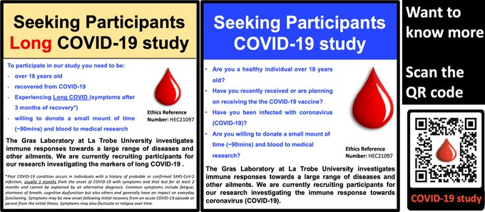 GRAS Lab (@graslab) on Twitter photo Seeking volunteers
if you want to participate in our research study <a href="/LIMSLTU/">La Trobe Institute for Molecular Science</a> <a href="/latrobe/">La Trobe University</a>
scan the QR code below and we will send you some information
or follow the link graslab.com.au/covid-19-study/
Please share Seeking volunteers
if you want to participate in our research study <a href="/LIMSLTU/">La Trobe Institute for Molecular Science</a> <a href="/latrobe/">La Trobe University</a>
scan the QR code below and we will send you some information
or follow the link graslab.com.au/covid-19-study/
Please share