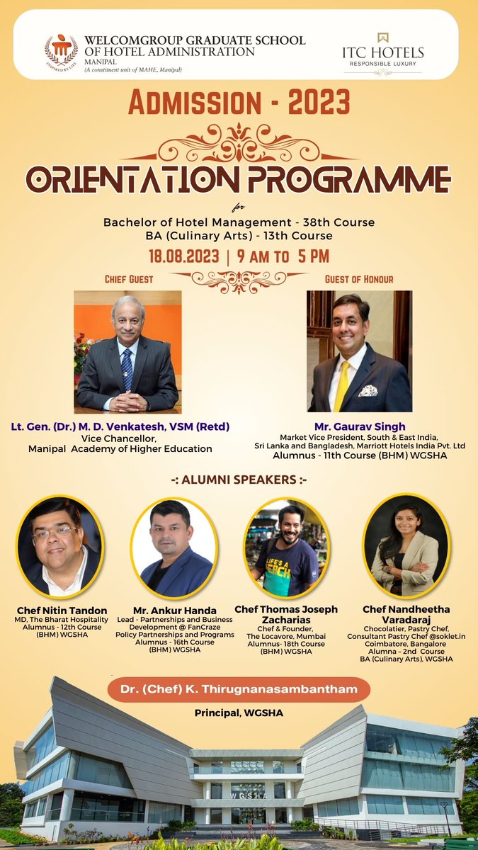 WManipal's tweet photo. #WGSHA organises #Orientation Programme 2023 for the 38th Course Bachelor of Hotel Management and 13th Course BA (Culinary Arts) today 18.08.2023.

@thiruchef @mahe_manipal @itchotels @itc_limited

#hotelmanagement #hospitality #culinaryarts #mahe #manipal #wgshaay202324 https://t.co/maQj1GCFxt
