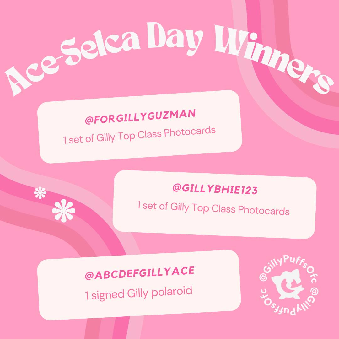 GillyPuffsOfc's tweet image. [ 📣 ] Eyes here, puffs! 👀 
    Here are the 3 lucky winners of our monthsary special giveaway. Kindly dm us how to claim your prizes. 

We appreciate you taking part in our selca day. More months with y'all. mwa 😚

14TH PUFFSLOVE WITH GILLY
#ACESelcaDay 
#EclipseGILLY