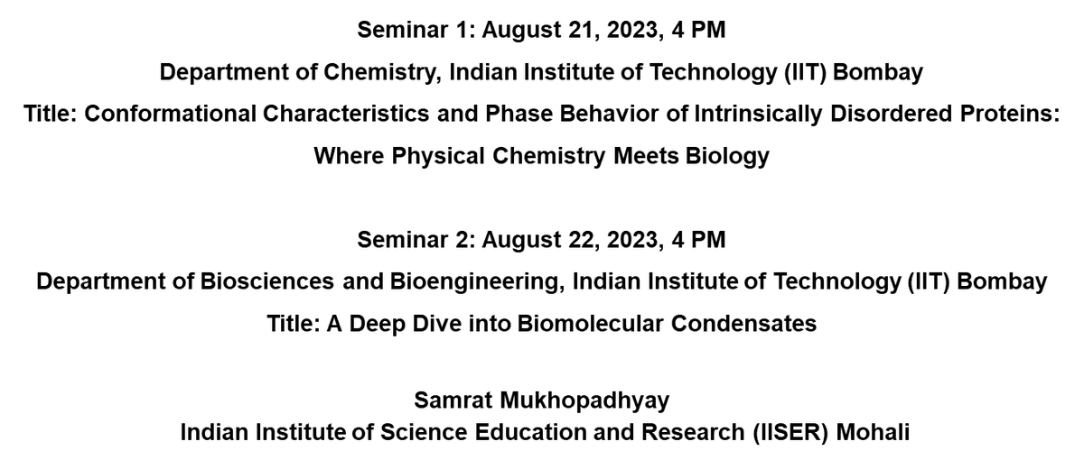 Samrat Mukhopadhyay (@samratlabmohali) on Twitter photo Next week I'll be visiting the Indian Institute of Technology (IIT) Bombay <a href="/iitbombay/">IIT Bombay</a> as a Visiting Professor & will be giving two seminars- a chemistry Seminar on Aug 21 & a Biosciences & Bioengineering seminar on Aug 22 <a href="/BsbeIitb/">Biosciences & Bioengineering, IIT Bombay</a>. Looking forward to seeing you all at IIT Bombay Next week I'll be visiting the Indian Institute of Technology (IIT) Bombay <a href="/iitbombay/">IIT Bombay</a> as a Visiting Professor & will be giving two seminars- a chemistry Seminar on Aug 21 & a Biosciences & Bioengineering seminar on Aug 22 <a href="/BsbeIitb/">Biosciences & Bioengineering, IIT Bombay</a>. Looking forward to seeing you all at IIT Bombay