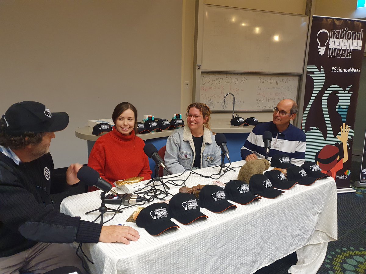 Pictured during the episode record, @heapsgood, @Phoebyornis Tory Botha and @DGarciaBellido #ScienceWeek #FossilFriday Thanks @fupalaeosoc and @UofAPalaeos for helping make it an awesome event!