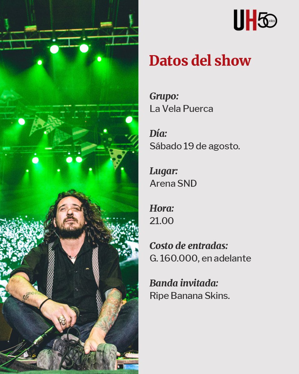 Sobre el concierto en Paraguay, dijo que sin duda la gente debe esperar los clásicos, como Va a Escampar, El Profeta, El Viejo, como también unas tres o cuatro canciones del nuevo álbum.

📌Nota: ultimahora.com/guitarrista-de…

📲Recibí las noticias en tu celular: