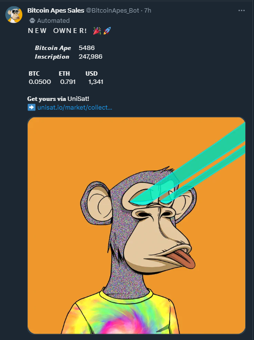 bubblegum_dee's tweet photo. Few sold some real rare grail of @BitcoinApes_ 

New owners 🧠🧠

Each sold for 0.05 BTC, dangg it was some easy 1 BTC grails!! 

@BoredApeYC @yugalabs #bitcoin #btc #ordinals #ordinal #nft #nfts https://t.co/aGSPFsFf5Y