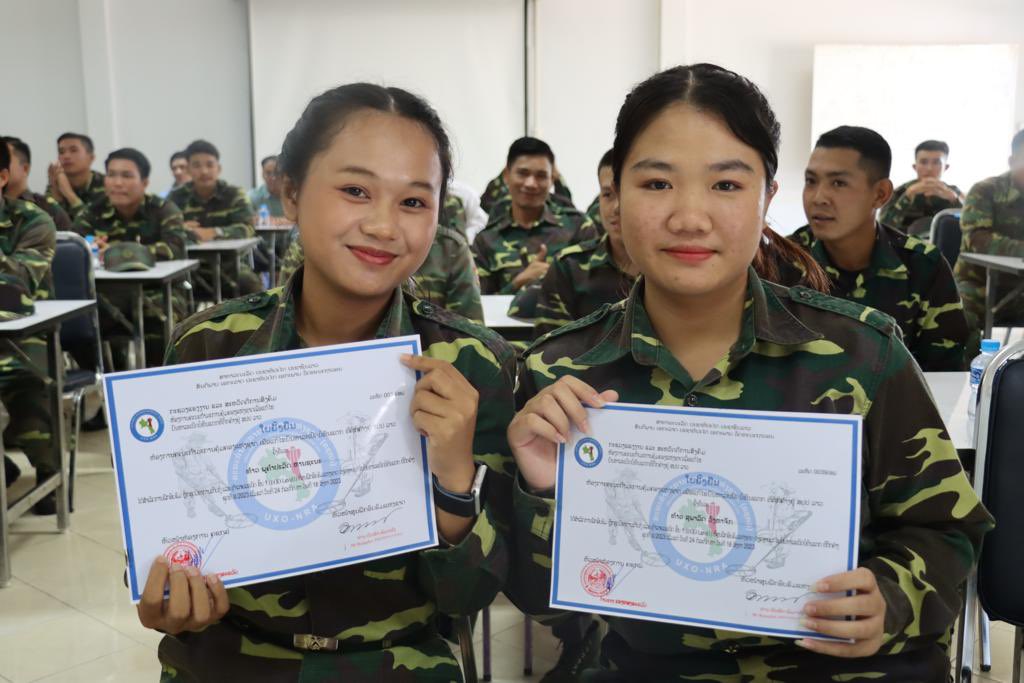 CatherinePhuong's tweet photo. Congratulations to the 63 trainees who passed the #UXO clearance level 1 certificate, esp. the #women graduates ! V proud that @UNDPLaoPDR could facilitate this with #KOICA support #gender #mineaction #SDG18 https://t.co/8svIH3Krvn