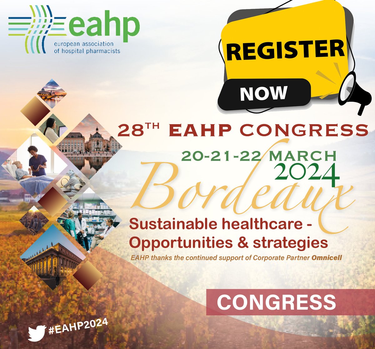 REGISTRATIONS OPEN: 28th EAHP CONGRESS
20-22/03/24, Bordeaux (France)

20+ Seminars, Interactive Sessions, Workshops &amp; Networking opportunities!

EARLY BIRD RATE !!!
info: eahp.eu/congresses/reg…

#eahp2024 #hospital #pharmacist #healthcare #patientcare #EAHP #europe #Association