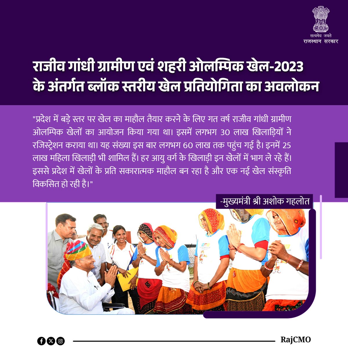 प्रदेश में बड़े स्तर पर खेल का माहौल तैयार करने के लिए गत वर्ष राजीव गांधी ग्रामीण ओलम्पिक खेलों का आयोजन किया गया था। इसमें लगभग 30 लाख खिलाड़ियों ने रजिस्ट्रेशन कराया था। यह संख्या इस बार लगभग 60 लाख तक पहुंच गई है: CM <a href="/ashokgehlot51/">Ashok Gehlot</a>