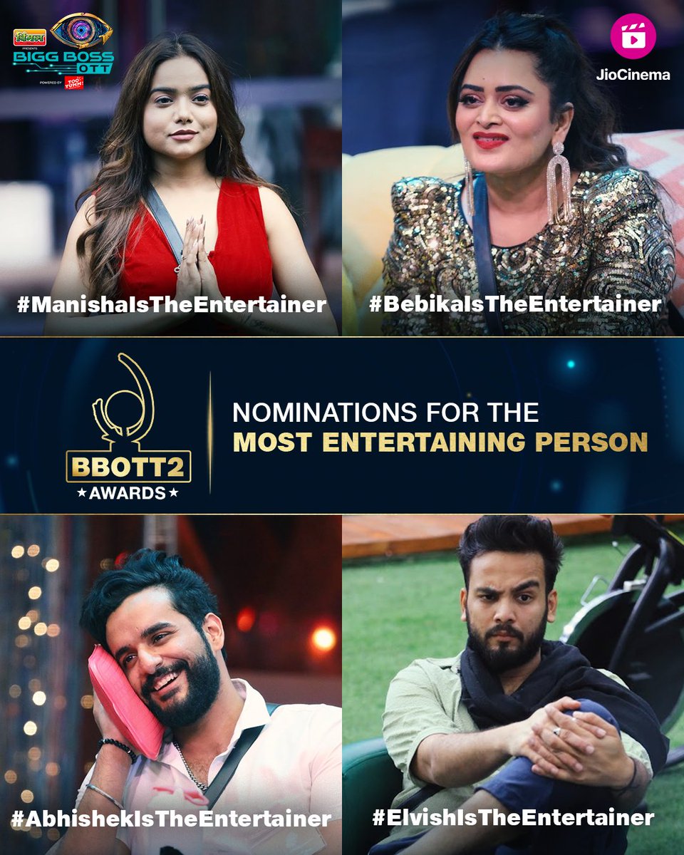 #BBOTT2Awards
The nominations are out and it's time to decide who was the Asli Entertainer of the season! 

Cast your vote by commenting the hashtag👇🏻

#ManishaIsTheEntertainer
#BebikaIsTheEntertainer
#AbhishekIsTheEntertainer
#ElvishIsTheEntertainer