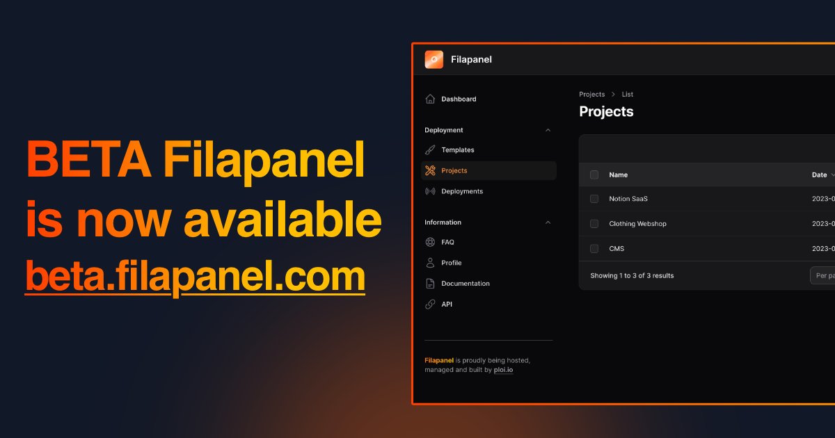 The <a href="/filapanel/">Filapanel</a> public BETA is now available!🥳

Everyone may now give <a href="/filapanel/">Filapanel</a> a try to easily 1-click generate your <a href="/filamentphp/">Filament 🦒</a> projects 🤖

beta.filapanel.com