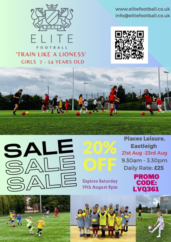 We are delighted to announce that with England reaching the Women's World Cup Final, we are celebrating this with a huge 20% DISCOUNT for our 'FINAL' week of 'Train Like a Lioness'⚽️ for 1 day only! Book Now to avoid missing out elitefootball.classforkids.io/camp/136 Use Promo Code: LVQ361