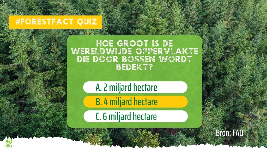 Het antwoord van de #ForesFact quiz van vorige week is dat de wereld een totale bosoppervlakte heeft van 4 miljard hectare. Dat is 31% van het landoppervlak! 54% van dit bosgebied bevindt zich in slechts 5 landen: Rusland, Brazilië, Canada, de VS en China.