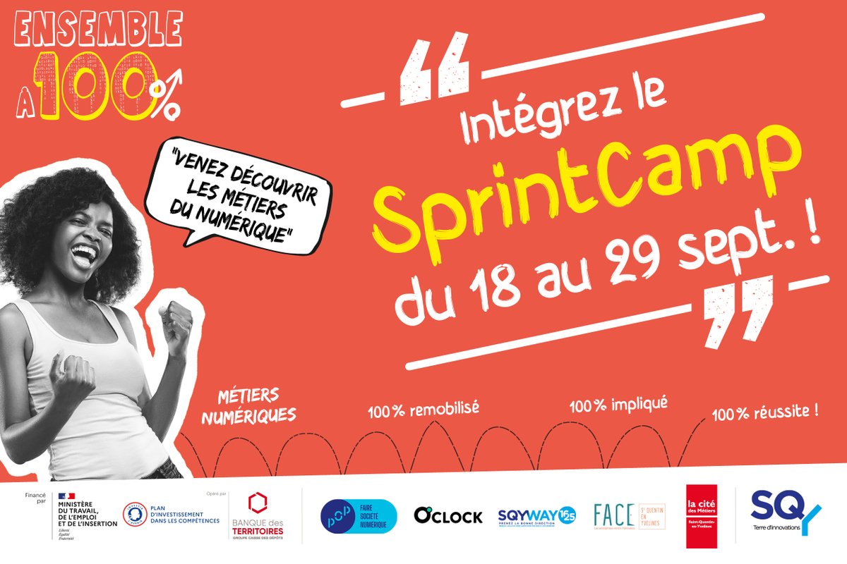 Ensemble à 💯% : Le #SprintCamp est de retour !
Inscrivez-vous☝️
Du 18 au 29 septembre, découvrez 5 métiers du #numérique et explorez leur potentiel en vous testant sur des #projets ! Des séances de #coaching vous seront également proposées.
✚ d’infos 👉 sqy.fr/ensemble