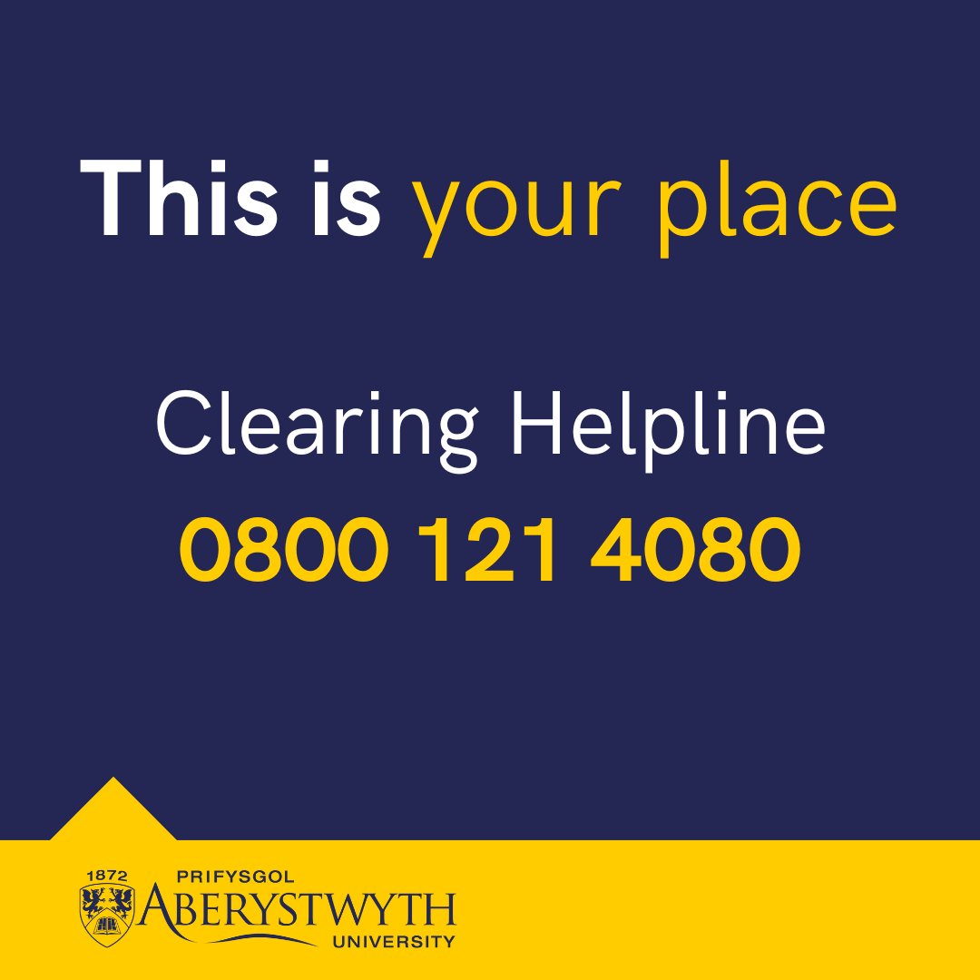 Our Clearing Helpline will be open until 6pm tonight!

If you have any questions about Clearing or want to discuss your options, contact us:

☎️ 0800 121 4080 (8:30am – 6:00pm)
📲 aber.ac.uk/callback (8:30am – 4:00pm)